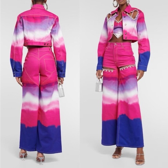 AREA Denim - AREA Crystal Pink Jean Purple Embellished Ombre Slit High Rise Wide Leg‎ 26 NWT